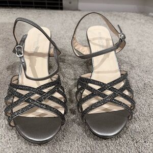 Benjamin Walk Silver Rhinestone Strappy Heels | Ankle Strap Evening Shoes size 8